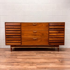 Restored MCM Dania Dresser by Merton Gershun – American of Martinsville Walnut & Brass Credenza, Louvered Drawers, Mid Century Modern