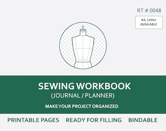 May include: A green and white printable sewing workbook with a  mannequin illustration. The workbook is titled "Sewing Workbook (Journal/Planner)" and says "Make your project organized". The text "Printable Pages Ready for Filling Bindable" is at the bottom of the page.