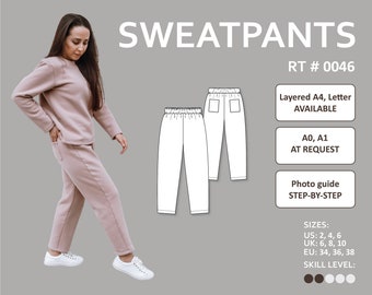 May include: A sewing pattern for sweatpants, with a line drawing of the pants and a photo of a person wearing the pants. The pattern is available in sizes US 2, 4, 6, UK 6, 8, 10, and EU 34, 36, 38. The pattern is rated as a beginner skill level.