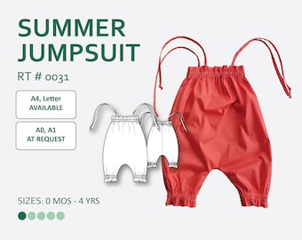 May include: A red summer jumpsuit sewing pattern with a simple design. The pattern is available in sizes 0 months to 4 years. The pattern is available in A4 and A0/A1 sizes.