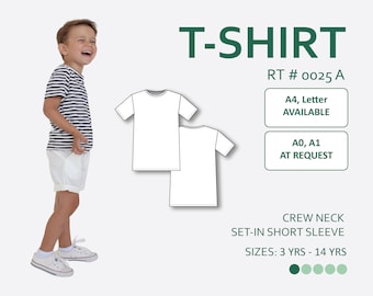 Kids' Crew Neck Short Sleeve T-shirt Sewing Pattern PDF with easy-to-follow photo instruction.