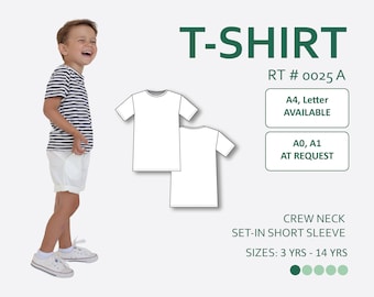 May include: White t-shirt with a crew neck and short sleeves. The t-shirt is available in sizes 3 to 14 years. The text "T-SHIRT" is displayed in green letters above the text "RT # 0025 A". The text "A4, Letter AVAILABLE" is displayed in a green box. The text "A0, A1 AT REQUEST" is displayed in a green box. The text "CREW NECK SET-IN SHORT SLEEVE SIZES: 3 YRS - 14 YRS" is displayed in black letters.
