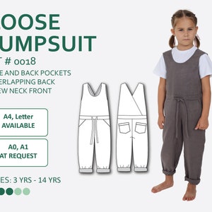 Girls&#39; Loose Jumpsuit with Pockets and Overlapping Back Sewing Pattern PDF with easy-to-follow step-by-step photo instruction