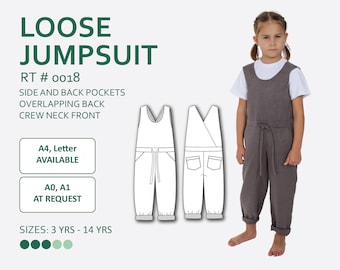 May include: A digital illustration of a loose jumpsuit pattern with side and back pockets, overlapping back, and a crew neck front. The pattern is available in sizes 3 years to 14 years. The illustration shows a child wearing a grey jumpsuit.