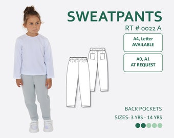 May include: A white long-sleeved shirt and gray sweatpants with back pockets. The image includes a line drawing of the sweatpants with back pockets. The text "SWEATPANTS" is at the top of the image. The text "RT # 0022 A" is below the word "SWEATPANTS". The text "A4, Letter AVAILABLE" is in a box below the text "RT # 0022 A". The text "A0, A1 AT REQUEST" is in a box below the text "A4, Letter AVAILABLE". The text "BACK POCKETS" is below the line drawing of the sweatpants. The text "SIZES: 3 YRS - 14 YRS" is below the text "BACK POCKETS". Five green circles are below the text "SIZES: 3 YRS - 14 YRS".