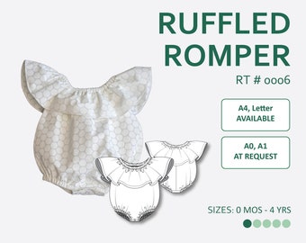 May include: A digital sewing pattern for a ruffled romper for babies and toddlers. The pattern is available in sizes 0 months to 4 years. The pattern is available in A4 and letter sizes, and A0 and A1 sizes are available upon request.