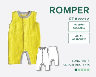 May include: A yellow romper with gray trim and button closures. The sleeveless garment has a round neckline and is designed for babies and toddlers. The image includes a pattern diagram and text that reads "ROMPER" and "LONG PANTS". Sizes range from 0 months to 4 years.