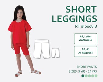 May include: A digital sewing pattern for short leggings, also known as biker shorts, for children. The pattern is available in sizes 3 to 14 years. The pattern is available in A4 letter size and A0 and A1 sizes are available upon request.