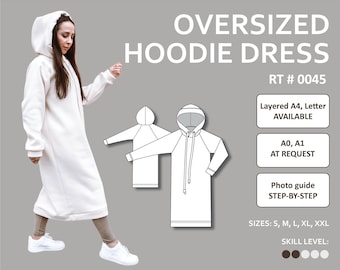 Women's Oversized Hoodie Dress with Raglan Sleeves and Long Drawstrings layered PDF Sewing Pattern with easy-to-follow photo instruction