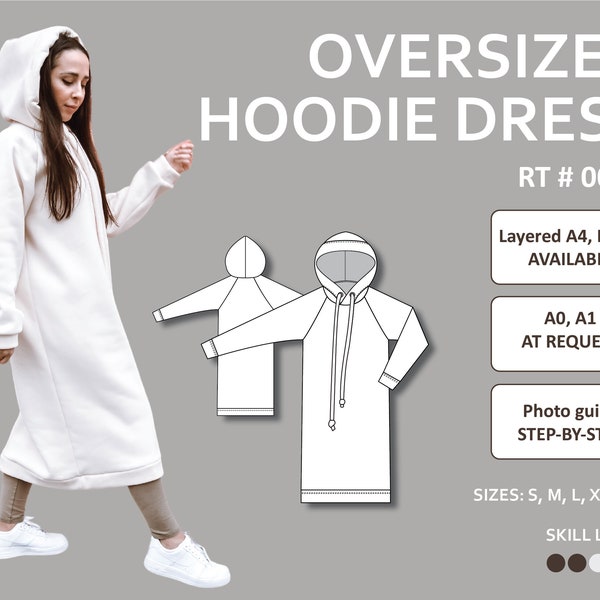 Frauen Oversized Hoodie Kleid mit Raglan Ärmeln und langen Kordeln geschichteten PDF-Schnittmuster mit einfach zu folgen Fotoanleitung