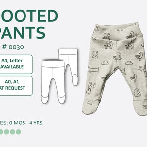 Puede incluir: Un pantalón gris con pies con estampado de animales en blanco y negro. El pantalón tiene una cintura con vuelta y está disponible en tallas de 0 meses a 4 años. RT # 0030. A4, Carta disponible. A0, A1 a petición.