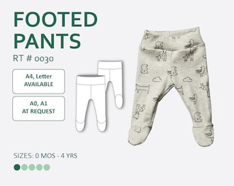 May include: A pair of gray footed pants with a black and white animal print. The pants have a fold-over waistband and are available in sizes 0 months to 4 years. RT # 0030. A4, Letter available. A0, A1 at request.