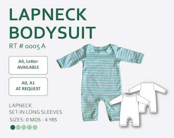 May include: A green and white striped long-sleeved baby bodysuit with a lap neck. The bodysuit is shown with a white outline of the same bodysuit. The text "LAPNECK BODYSUIT RT # 0005 A" is at the top of the image. The text "A4, Letter AVAILABLE" and "A0, A1 AT REQUEST" are in two buttons below the title. The text "LAPNECK SET-IN LONG SLEEVES SIZES: 0 MOS - 4 YRS" is below the buttons.