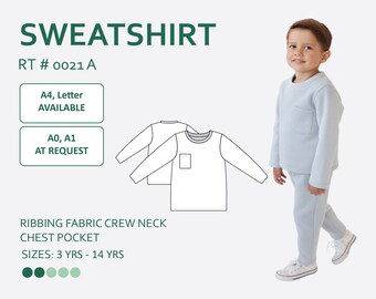May include: A light blue sweatshirt with a chest pocket and ribbed fabric. The sweatshirt has a crew neck and is available in sizes 3 to 14 years. The text "SWEATSHIRT" and "RT # 0021 A" is displayed above the image. The text "A4, Letter AVAILABLE" and "A0, A1 AT REQUEST" is displayed in two separate boxes below the text.  Ribbing fabric crew neck chest pocket sizes 3 yrs - 14 yrs.