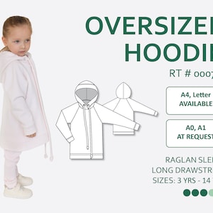 Kids&#39; Oversized Hoodie with Raglan Sleeves and Long Drawstrings Sewing Pattern PDF with easy-to-follow step-by-step photo instruction