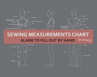 May include: A gray sewing measurements chart with a diagram of a human figure, labeled with measurement points. The chart includes the text "SEWING MEASUREMENTS CHART" and "BLANK TO FILL OUT BY HAND".