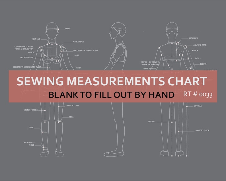 Puede incluir: Un gr&aacute;fico de medidas de costura gris con un diagrama de una figura humana, etiquetado con puntos de medici&oacute;n. El gr&aacute;fico incluye el texto "SEWING MEASUREMENTS CHART" y "BLANK TO FILL OUT BY HAND".