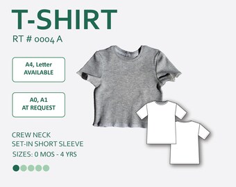 May include: A gray short-sleeved t-shirt with a crew neck. The t-shirt is available in sizes 0 months to 4 years. The text "T-SHIRT" is at the top of the image, and the text "RT # 0004 A" is below it. The text "A4, Letter AVAILABLE" is in a green box below the text. The text "A0, A1 AT REQUEST" is in a green box below the first green box. The text "CREW NECK SET-IN SHORT SLEEVE SIZES: 0 MOS - 4 YRS" is below the second green box. There are six gray dots below the text.
