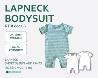 May include: A light green and white striped lapneck bodysuit with short sleeves and pants. The image includes the text "LAPNECK BODYSUIT" and "RT # 0005 B". Also shown are the words "A4, Letter AVAILABLE" and "A0, A1 AT REQUEST". The bodysuit is available in sizes 0 months to 4 years.