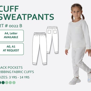 Kids&#39; Sweatpants with Cuffs and Back Pockets Sewing Pattern PDF with easy-to-follow step-by-step photo instruction
