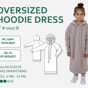 Girls&#39; Oversized Hoodie Dress with Raglan Sleeves and Long Drawstrings PDF Sewing Pattern with easy-to-follow step-by-step photo instruction