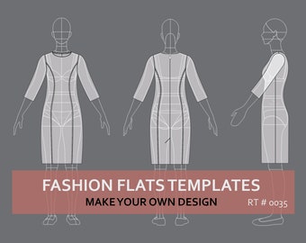 May include: Fashion flat template for a dress with a long sleeve and a fitted silhouette. The template is shown in three views: front, back, and side. The template is designed for use in fashion design and illustration.