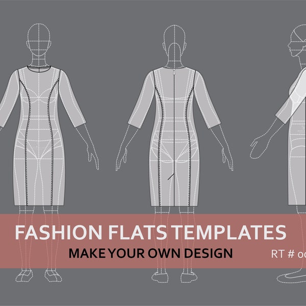 Fashion Flats Templates. Base for Technical Sketch and Dress Design. Female Figure (Front, Back, Side).