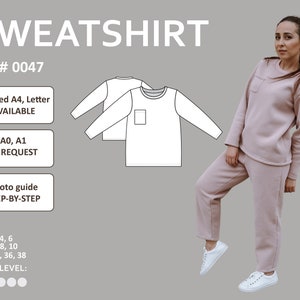 Women&#39;s Sweatshirt with Chest Pocket Sewing Pattern PDF with easy-to-follow step-by-step photo instruction