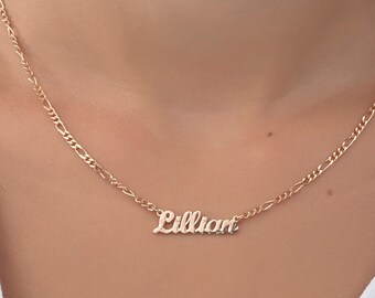 14K Gold Handwriting Name Necklaces, Personalized Gifts, Custom Made Jewelry, 18K Name Plate Figaro Chain Necklaces, Gifts For Christmas