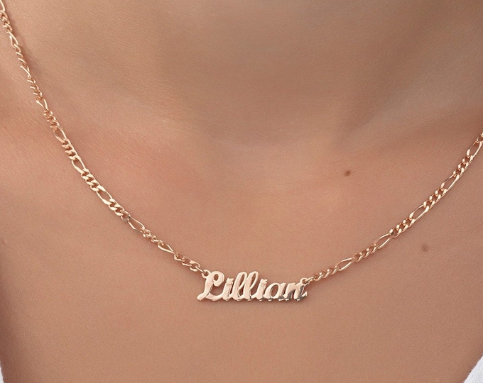 Gifts For Mother's Day, 14K Gold Handwriting Name Necklaces, Personalized Gifts, Custom Made Jewelry, 18K Name Plate Figaro Chain Necklaces
