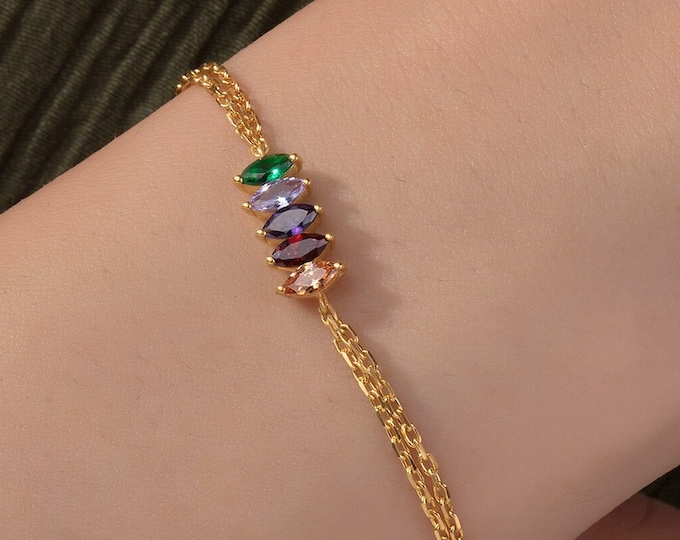 Gifts For Mother's Day, 14K Solid Gold Marquise Birthstone Bracelet, Custom Made Birthstone Bracelet, Personalized Jewelry, Gift For Mothers