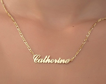 Dainty Silver Name Plate, Gold Plated Name Tag With Figaro Chain, Personalized Gift For Mom, 14K Gold Name Necklaces, Best Gift For Mothers