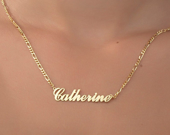 Gifts For Mother's Day, Dainty Silver Name Plate, Gold Plated Name Tag With Figaro Chain, Personalized Gift For Mom, 14K Gold Name Necklaces