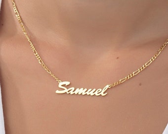 14K Gold Name Necklace, Sterling Silver Figaro Chain, Personalized Jewelry