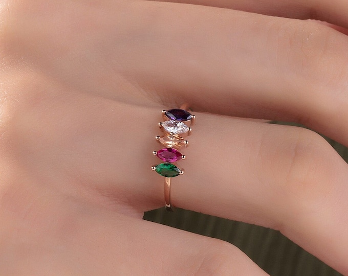 Gifts For Mother's Day, 14K Gold Marquise Shaped Birthstone Rings, Mothers Family Birthstone Ring, Birthday Gift For Mom, Personalized Gifts