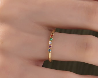 14K Gold Dainty Birthstone Ring, Custom Stackable Birthstone Ring, Mothers Family Birthstone Ring, Personalized Gift, Best Gift For Mothers