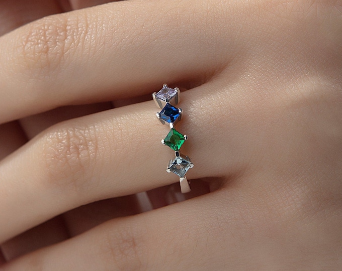 Gifts For Mother's Day, 14K Gold Princess Birthstone Rings, 10K Gold Family Birthstone Ring, Birthday Gift For Mothers, Personalized Jewelry