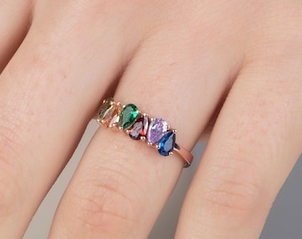 14K Gold Teardrop Birthstone Rings, Birthday Gift For Mothers, 10K Pear Shape Birthstone Rings, Personalized Jewelry, Best Gift For Mothers
