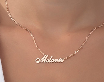 Gifts For Mother's Day, 14K Dainty Solid Gold Name Necklaces, 18K Name Plate Figaro Chain Necklaces, Personalized Gifts, Moms Birthday Gifts