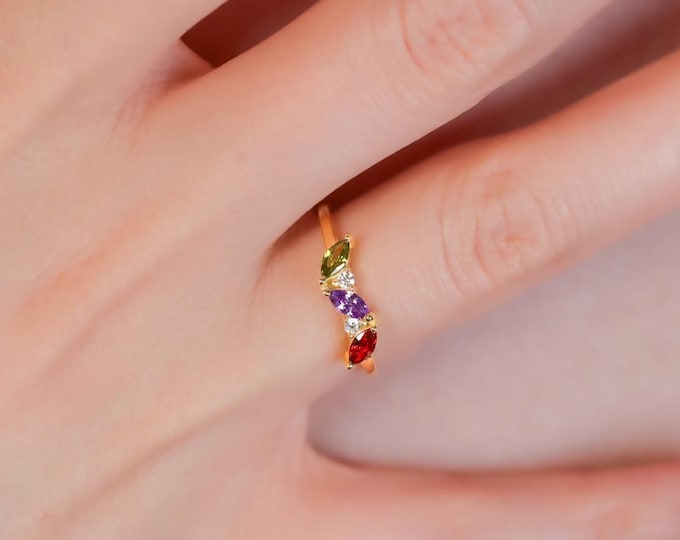 Gifts For Mother's Day, 14K Gold Marquise Shaped Birthstone Ring, Mothers Family Silver Birthstone Rings, Personalized Jewelry, Gift For Her