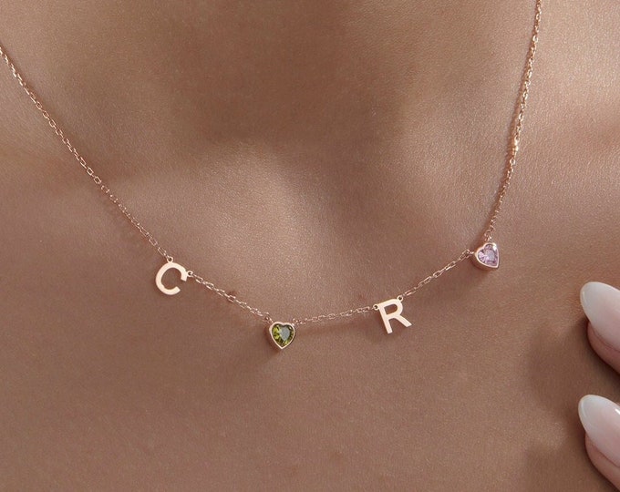 Gifts For Mother's Day, 18K Gold Family Name Initial Necklace For Women, Moms Gift, 14K Letter Heart Birthstone Necklace, Personalized Gifts