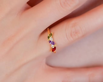 14K Gold Marquise Shaped Birthstone Ring, Personalized Gifts, Mothers Family Birthstone Rings, Gift For Grandmothers, Best Gift For Mothers