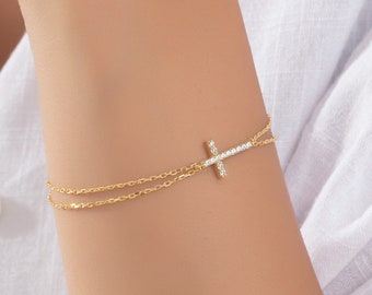 18K Gold Zircon Diamond Cross Bracelet, Sterling Silver Religious Jewelry