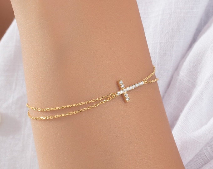 Gifts For Mother's Day, 18K Gold Zircon Diamond Cross Bracelets, Sterling Silver Cross Bracelets, Birthday Gifts For Her, Religious Jewelry