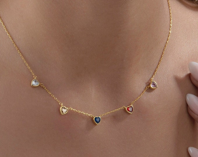 Gifts For Mother's Day, 14K Solid Gold Heart Birthstone Necklace, Spaced Birthstone Necklace, Heart Gemstone Pendant, Personalized Gifts For