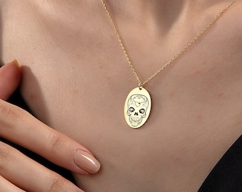 Gifts For Mother's Day, 18K Solid Gold Skull Necklaces, Skeleton Necklace, 14K Gold Skull Pendants, Gift For Women Bikers, Layering Necklace