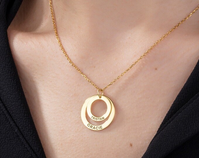 Gifts For Mother's Day, 14K Gold Multiple Name Necklaces, Silver Name Engraved Circle Pendants, Family Necklaces For Mom, Personalized Gifts
