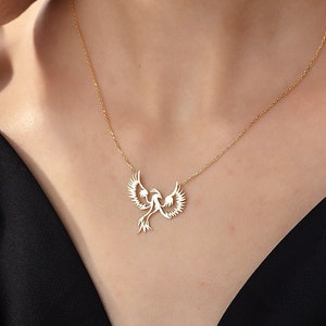 Gifts For Mother's Day, 14K Gold Phoenix Simurgh Necklaces, 18K Solid Gold Firebird Pendants, Gifts for Animal Lovers, Birthday Gift For Her