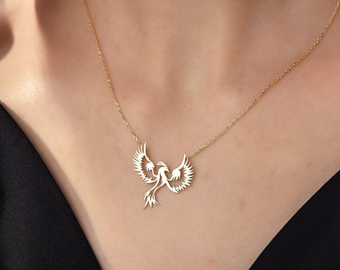 Gifts For Mother's Day, 14K Gold Phoenix Simurgh Necklaces, 18K Solid Gold Firebird Pendants, Gifts for Animal Lovers, Birthday Gift For Her