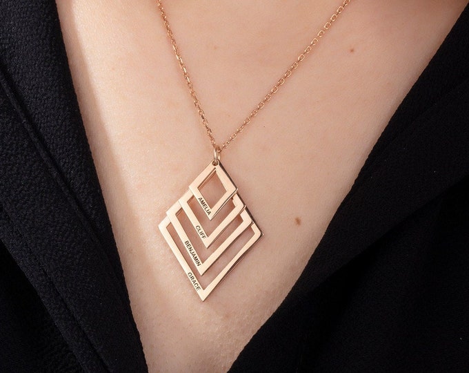 Gifts For Mother's Day, 14K Gold Multiple Family Name Necklace, Silver Name Engraved Marquise Necklace, Gift For Grandmas, Personalized Gift